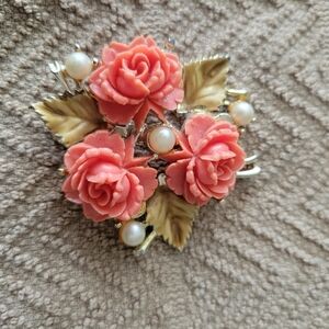 BUNDLE TWO FOR $14    Floral Brooch with Coral Roses and Pearls